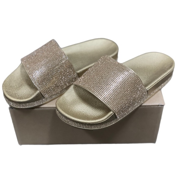 Gold Rhinestone Slides - Comfortable Sparkling Sandals with Glitter Band NWB! - Picture 7 of 9